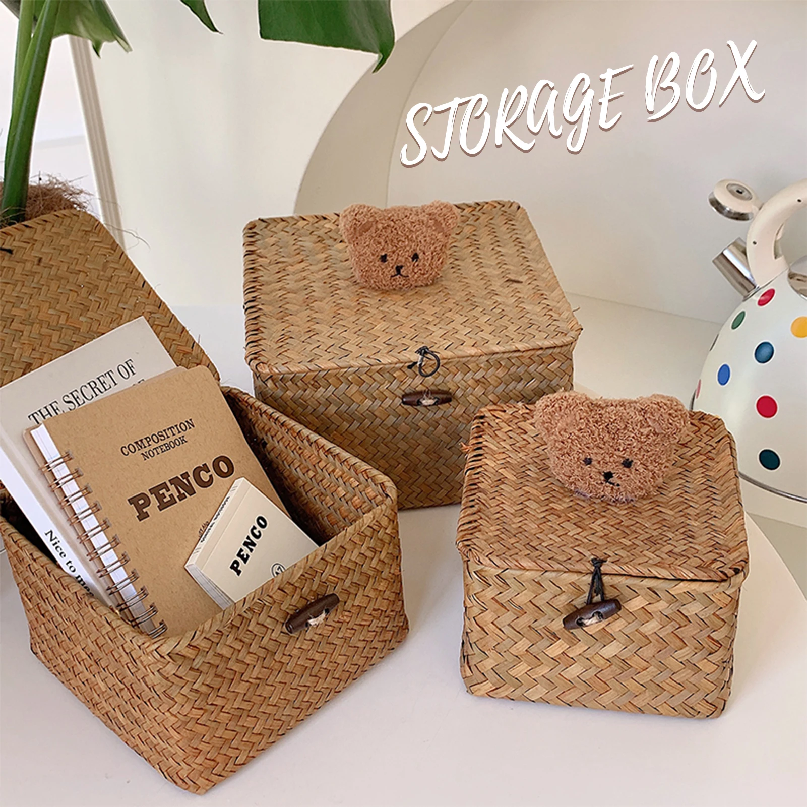 Vintage Bear Desktop Storage Box Handmade Straw Woven Basket Large Capacity Toy Snack Storage Case For Home Bedroom Organizing