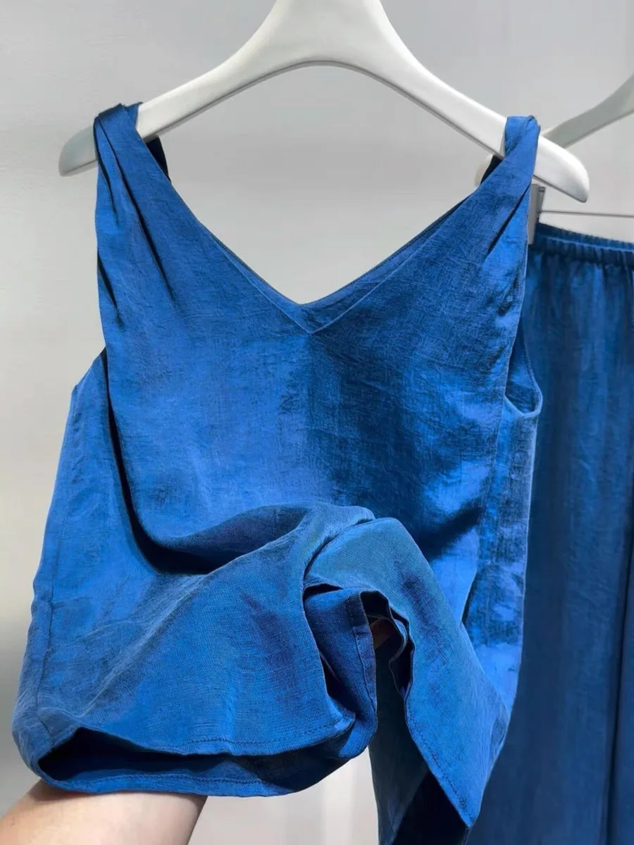 

Blue V-ne Knot Strapl Vest Women's Summer Holiday Faion Sensation Svel Top Korean Sle Straight Cut Silk Material