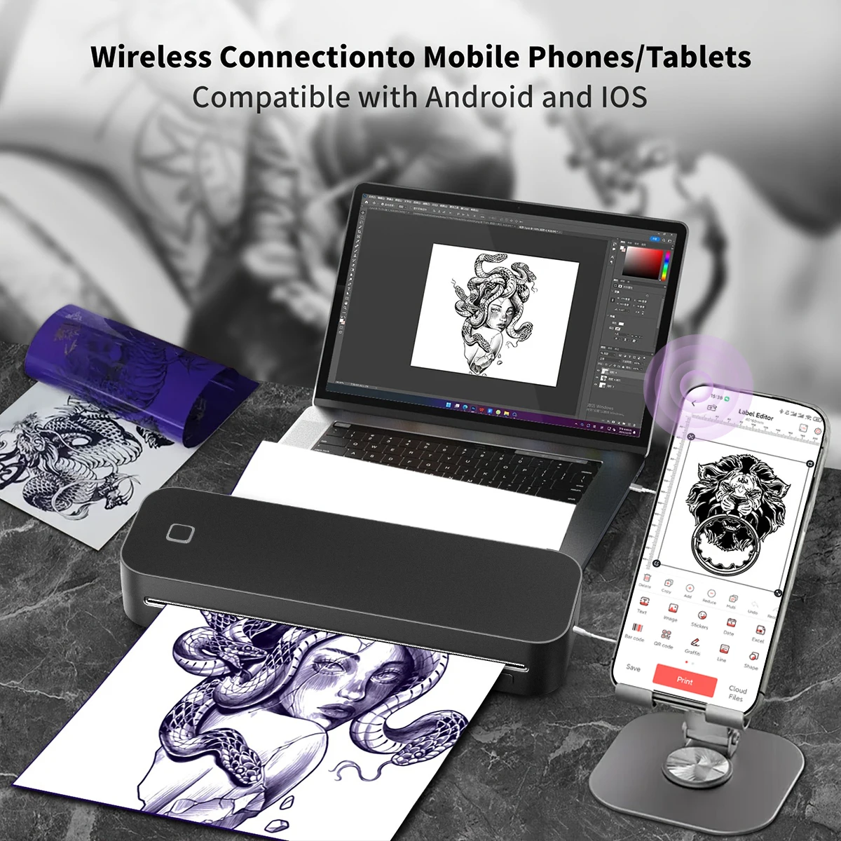 Stampante per stencil per tatuaggi Stampante termica per tatuaggi fai-da-te, mini stampante portatile, compatibile con smartphone e PC