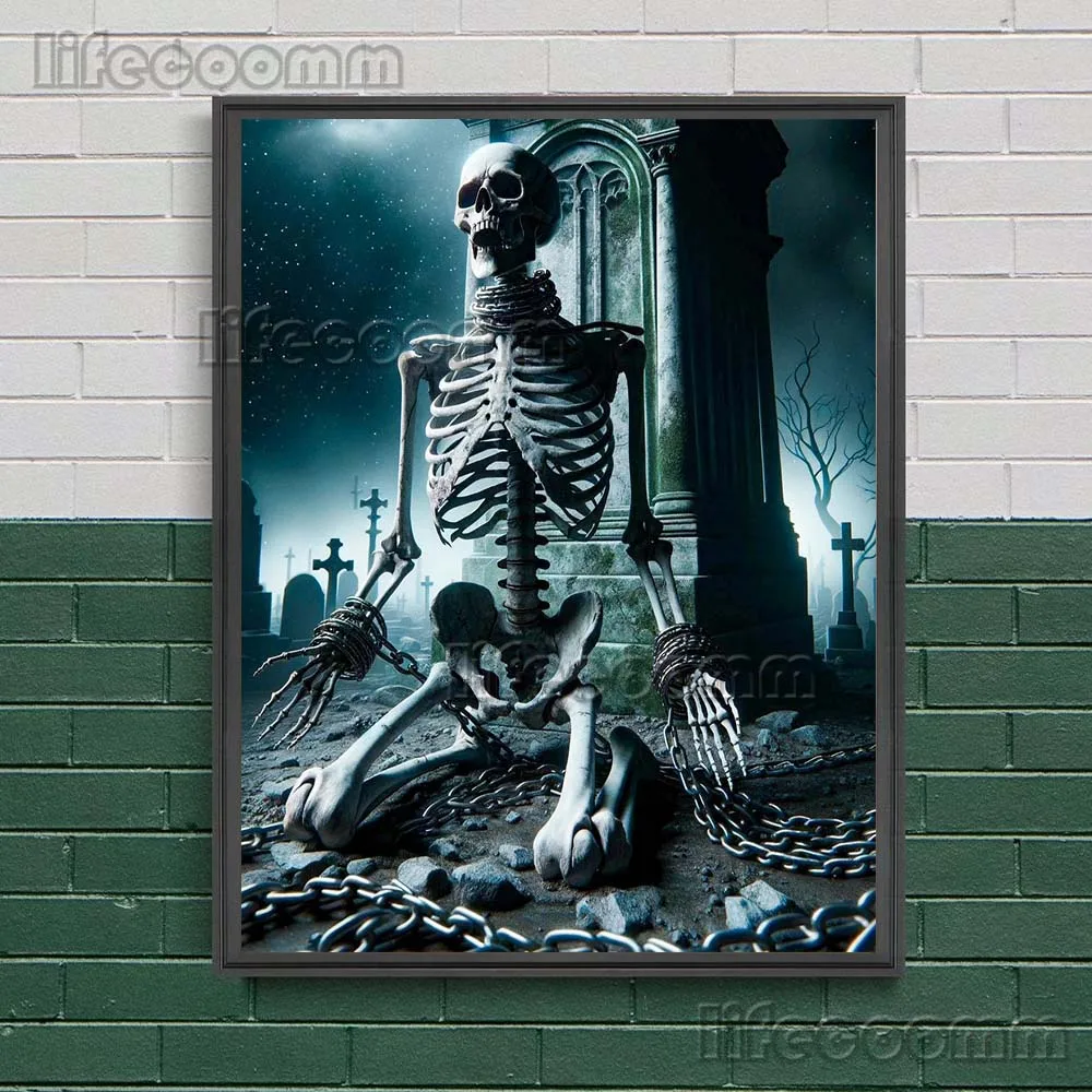 الساحرات والأشباح والشياطين والهياكل العظمية والزومبي مصيدة في سلاسل. خمر جدار الفن قماش طباعة الرعب السحر ملصق فني طباعة ديكور #4