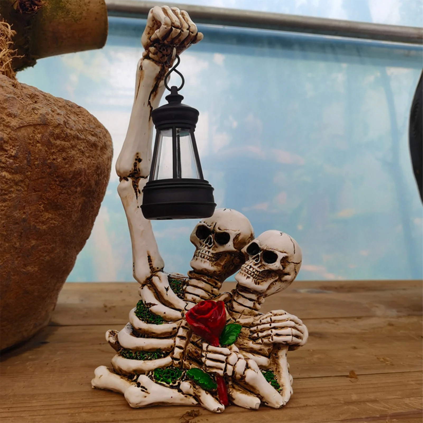 

Halloween Resin Skeleton Statue with Solar Light Skeleton Sculpture for Home Office Table Decorations