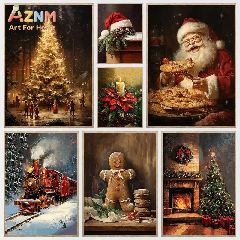 Winter Christmas Atmosphere Main Poster Printing Vintage Santa Claus Animal Gingerbread Man Warm Canvas Home Holiday Party Decor