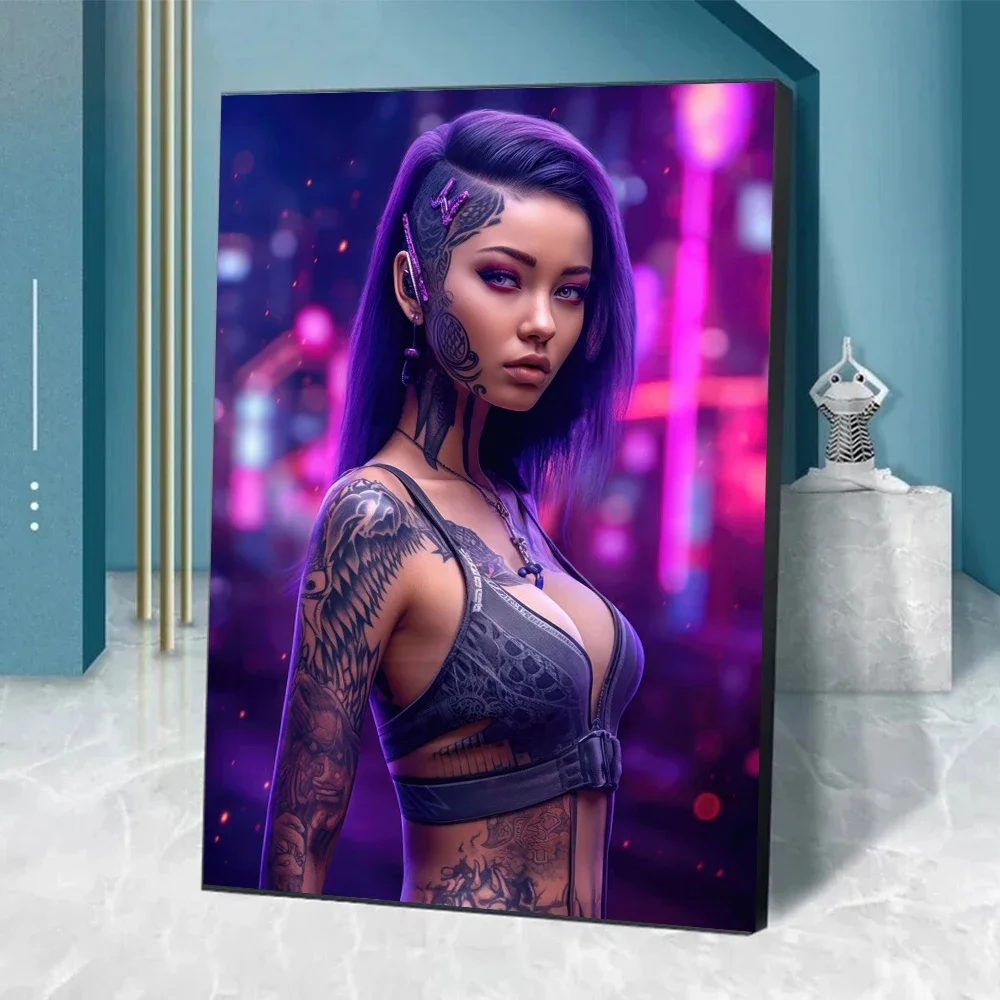 Cyberpunk Tattoo Girls Poster Prints For Living Room Home Decor Fantastic Anime Game Cool Woman Canvas Painting Wall Art Gift