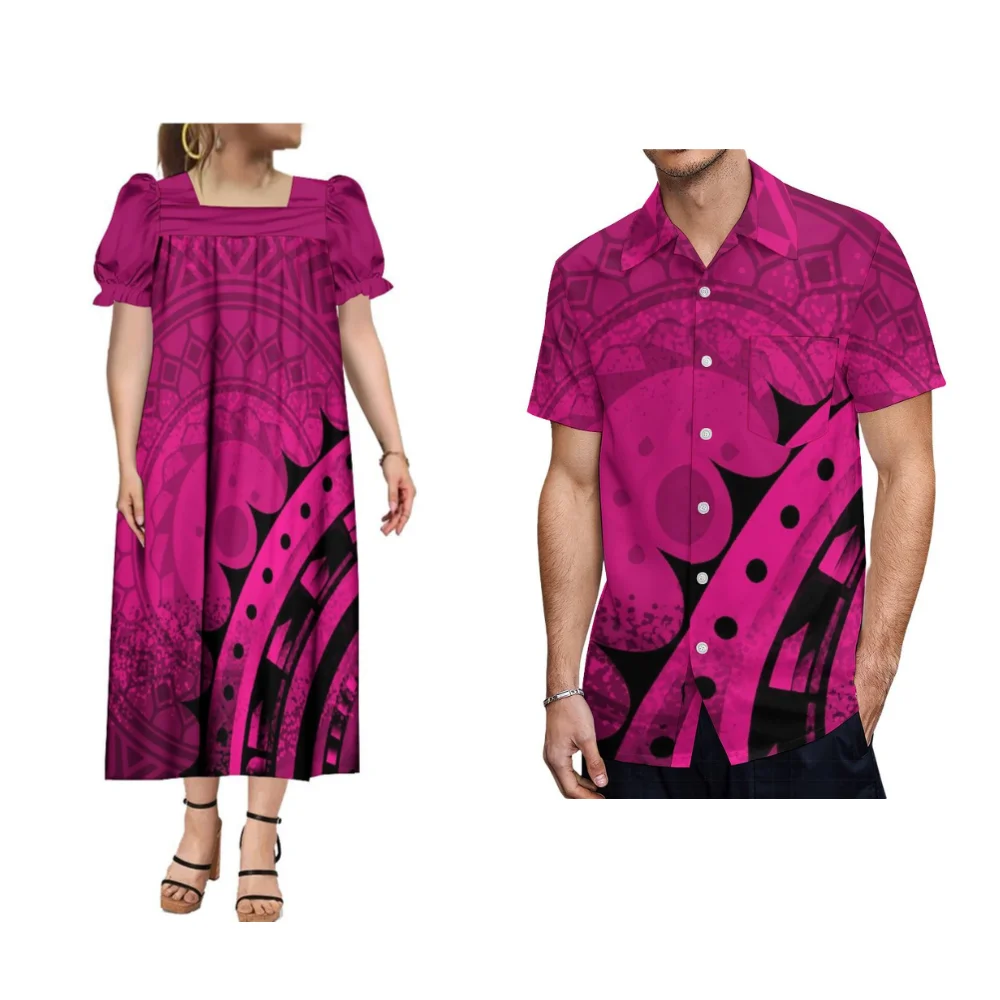 Polynesian Floral Print Custom Patterned Design Summer Short Sleeve Ladies Puffed Sleeve Full Skirt Mumu Microsia Couple Clothes