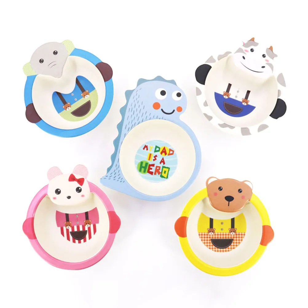 Bamboo Fiber Children Bowl Dinosaur Cartoon Design Washable Portable Anti-Fall Feeding Bowl for Kids Daily Use Fruits Snacks