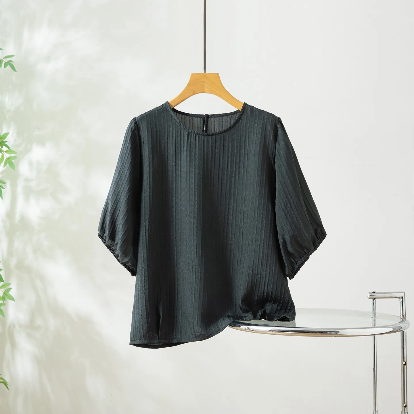 Winsleter-100%Real Silk Bubble Crepe Elegant T-Shirt, Short Sleeve Solid, Women French Retro Loose Top, 2026 Summer New T65739CC