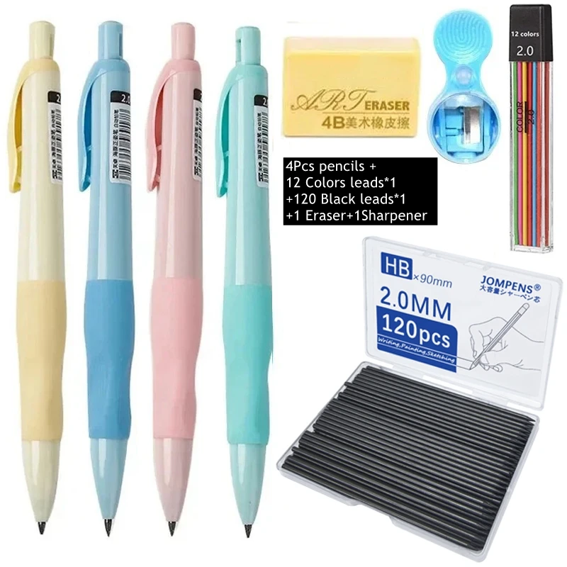 Mechanical Pencil Set 2.0mm HB Black/Colors Lead Refill for Writing Sketching Automatic Pencils Kawaii Cute School Supplies