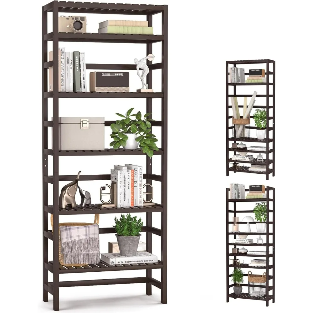 

6-Tier Bamboo Bookshelves and Bookcases, Adjustable 63.4”Tall Shallow Book Shelf Organizer Rack, Freestanding Storage Shelving