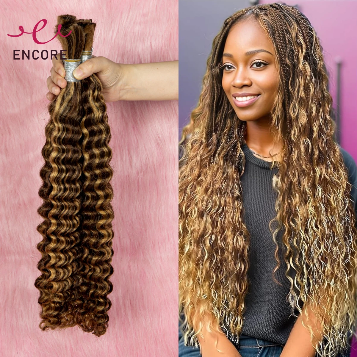 

Highlight Ombre 28 Inch Human Hair Bulk Deep Wave Hair Bulk for Boho Braided Extensions No Weft Human Hair Bundles for Braiding