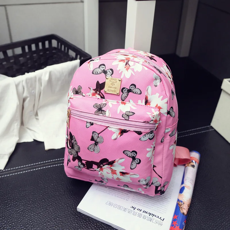 Butterfly Flower Girls Backpack Floral Pattern PU Leather Leisure Backpack Student Baggage Leisure Travel Bag Mochila