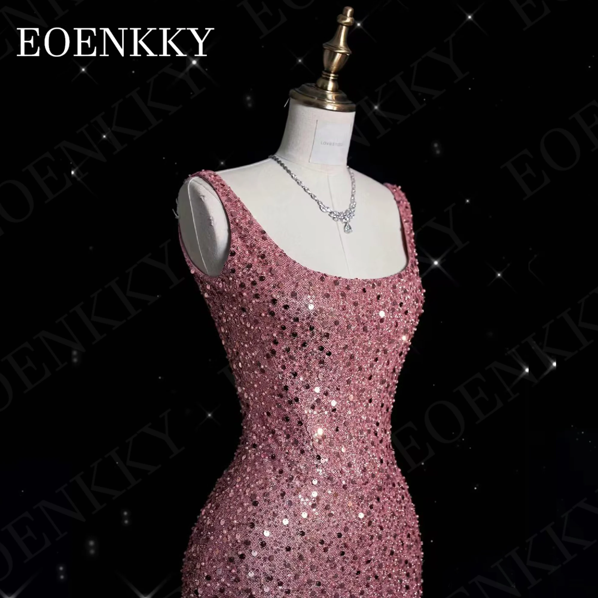 Pink Sparkly Evening Dresses Women Elegant Luxury Sequin Beading Long Party Dress Celebrity Square Neck فساتين سهره نسائيه شارون