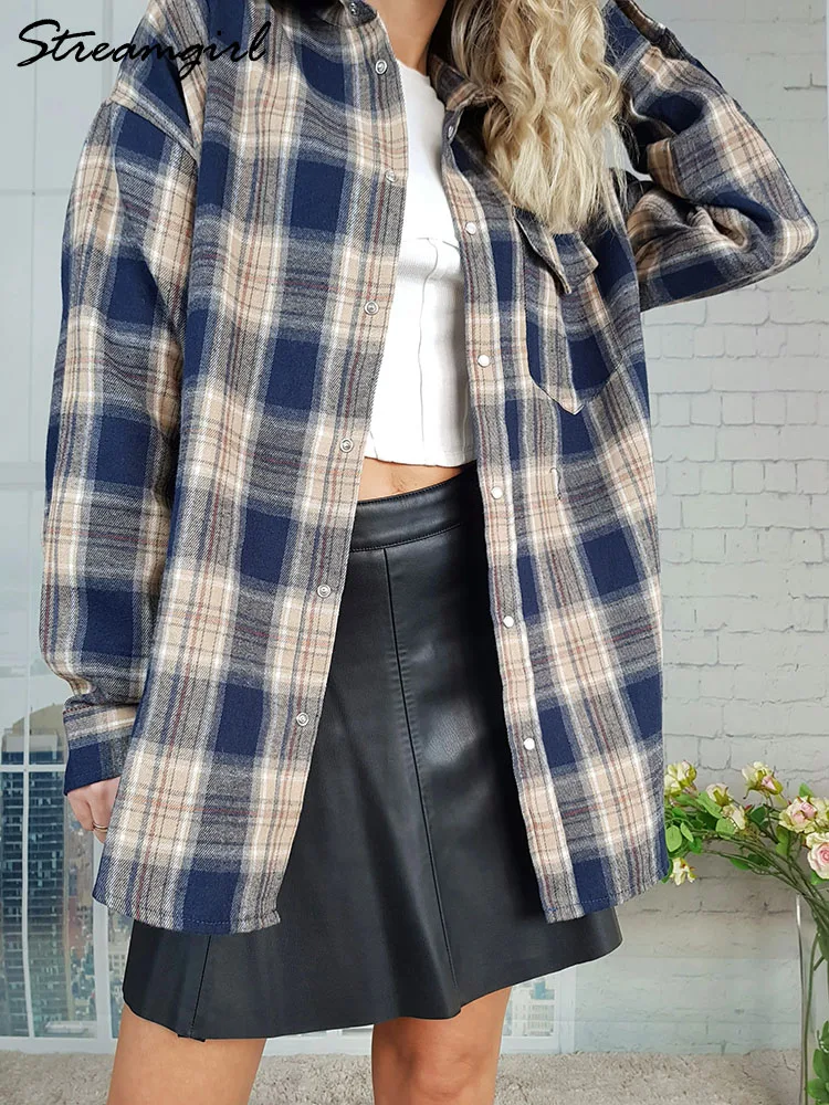 Plaid Oversized Shirts For Women Office Autumn Winter Loose Buttoned Shirt Pocket Long Sleeve Shirts Oversized Vintage Blouses