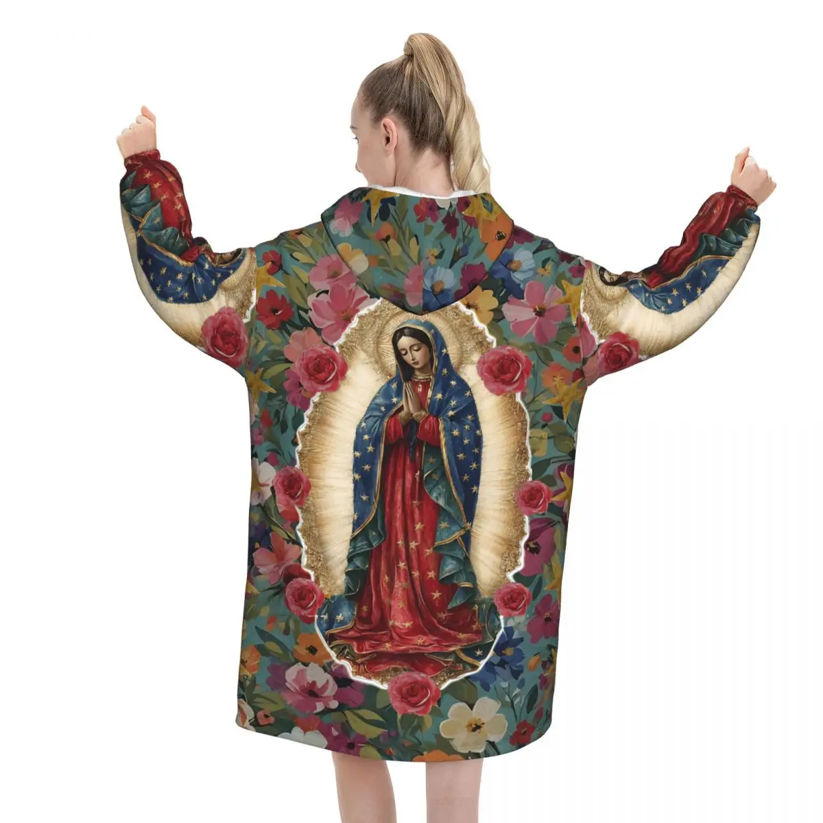 Oversized Virgin Our Lady Of Guadalupe Mexican Wearable Blanket Winter Ultrasoft Plush Warm Sweatshirt Blankets With Pocket - view 4