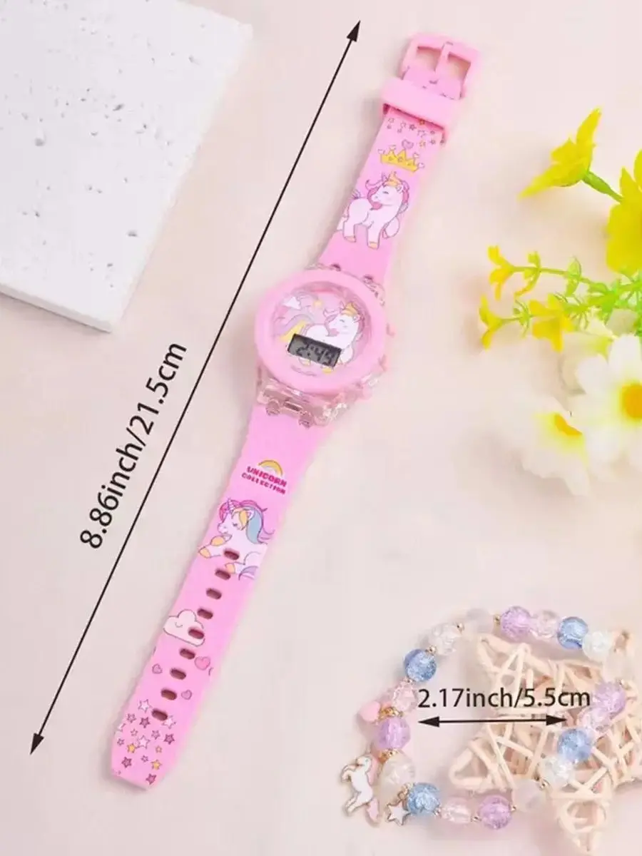 2PCS cute fashion silicone unicorn digital watch with rabbit bell rope birthday gift