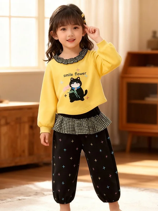 

Комплект повседневной спортивной одежды для девочек в корейском стиле, весна-осень 2025, новинка, свитшот с рюшами на воротнике, детский лонгслив, комплект из двух предметов...