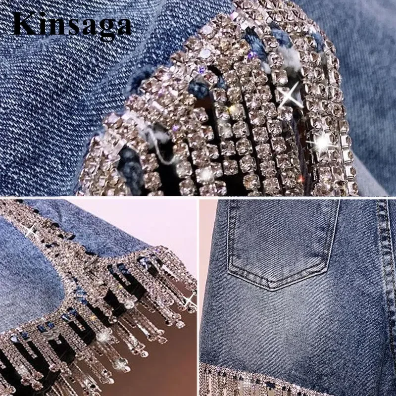 Boutique Rhinestone Purl Jean Shorts Women Street Patchwork Studded Diamond Demin Hot Shorts High Waist Wide Leg Tassels Bermuda