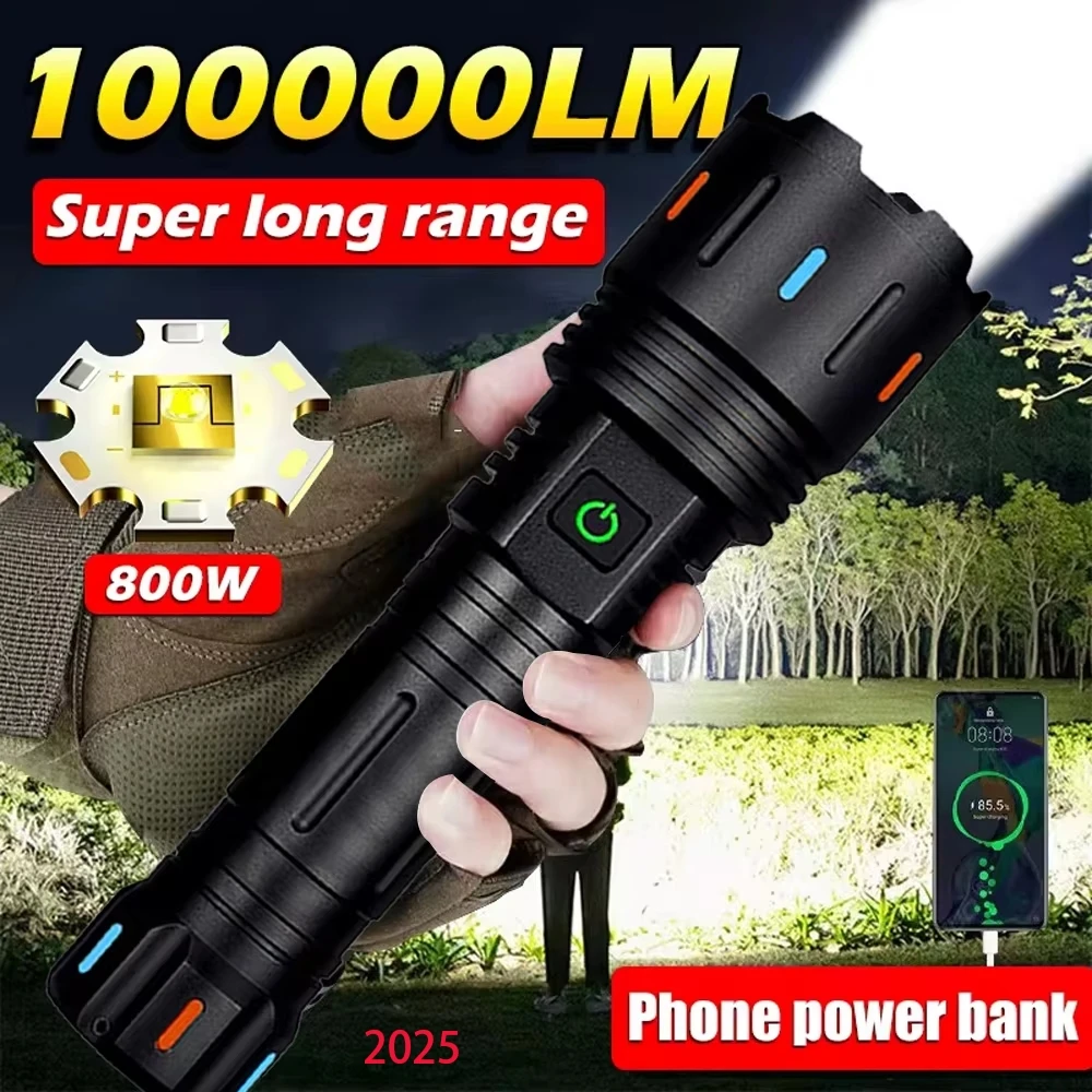 2025 Bright Spotlight Long Range LED Flashlight Type-C Charging Strong Light Lamp Tactical Torch Waterproof Zoom Outdoor Lantern