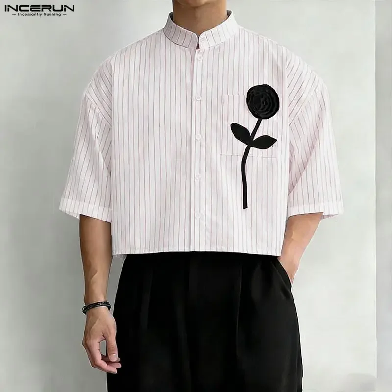 INCERUN Men Shirt Striped Patchwork Stand Collar Short Sleeve Crop Tops For Man Summer Streetwear Loose 2026 Fashion Men Clothes