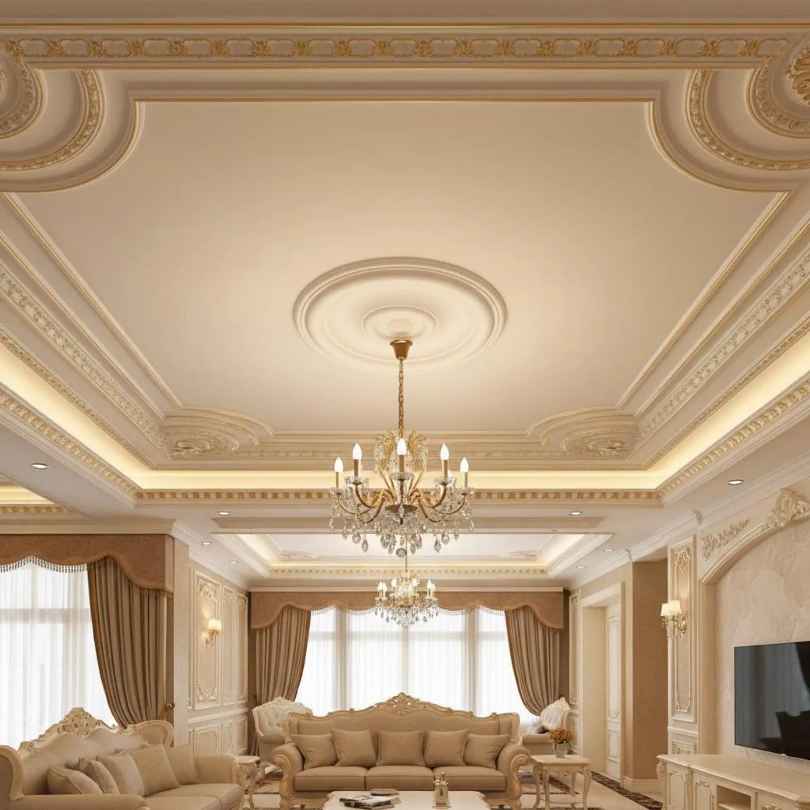 PU Ceiling Medallion Lightweight Round Ceiling Medallion House Decoration Paintable Building Decor Long-Lasting for Living Room