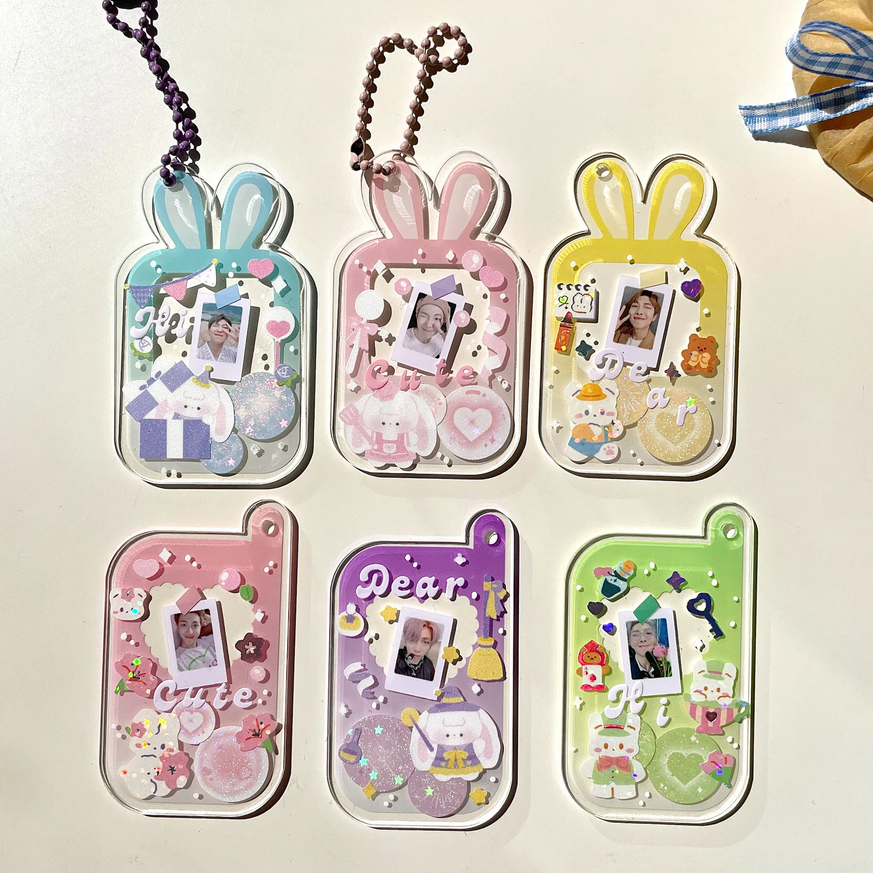 MINKYS New Kawaii 12PCS Cute Rabbit Ear DIY Own Key Chain Gucca Transparent Acrylic Disc Star Chasing Pendant School Stationery