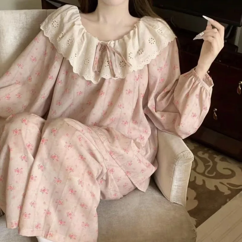Round Neck with Large Lapel, Lace and Cloud Cotton Pajamas for Women, Korean Style, Spring and Autumn, Sweet Home Wear Set