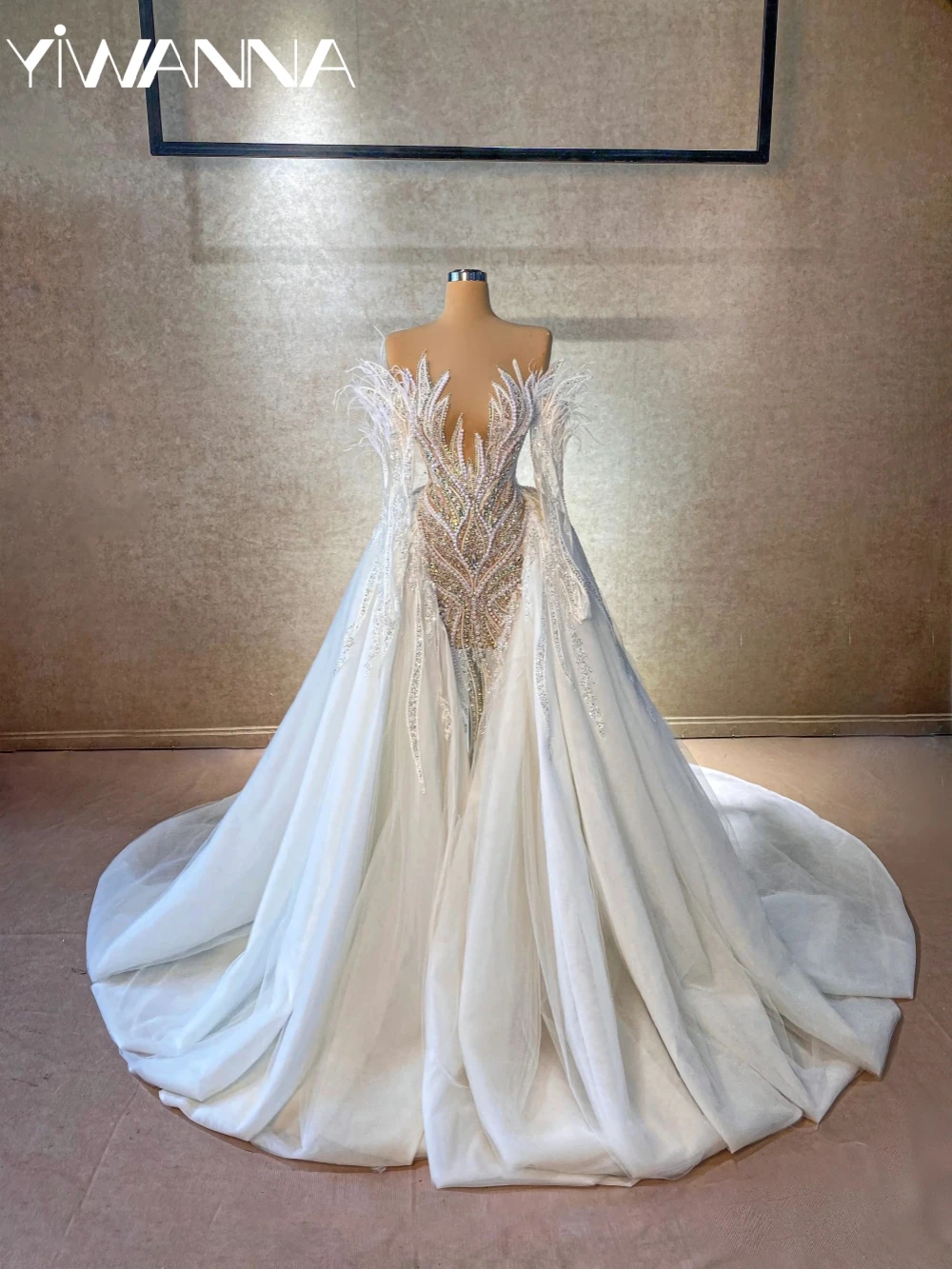 

Detachable Train Luxurious Beaded Long Wedding Dress Sparkling Pearls Crystal Bidal Gown Customized Illusion Dresses For Bride