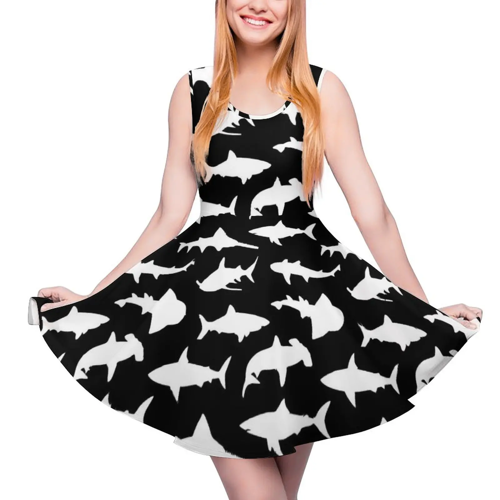 White Sharks Dress Animal Print Boho Beach Dresses High Waist Casual Skate Dress Women Design Clothes Gift Idea