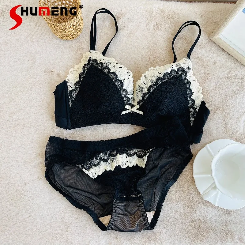

French Lace Sexy Temptation Girl Brief Sets Female Wireless Black Pure Desire Bra Suit Women Thin Push Up Underwear Outfits