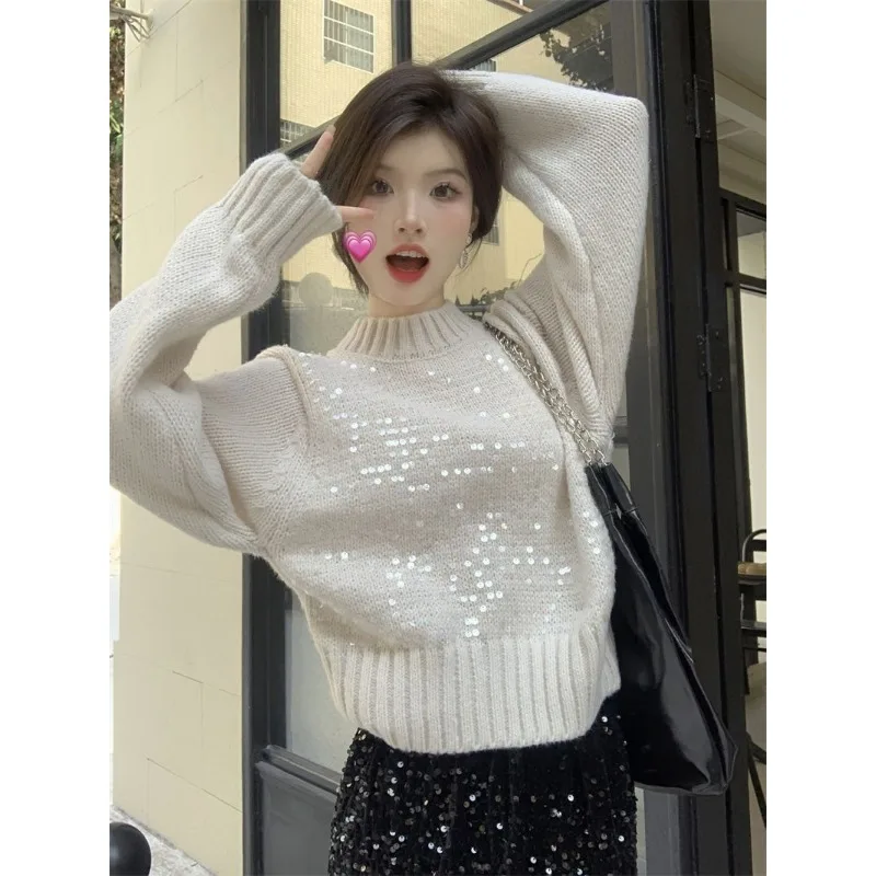 가을과 겨울 여성용 반터틀넥 시퀸 풀오버 스웨터