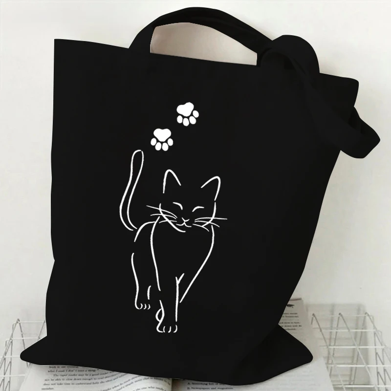 Moda lona sacola copo de gato preto impressão grande capacidade adolescente ombro saco de compras dos desenhos animados moda gatinho bolsas femininas