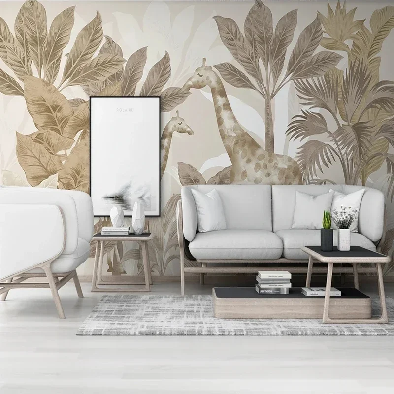 Custom Mural Wallpaper Hand-Painted Light Luxury Nordic Tropical Plant Giraffe Forest Animal Background Wall Papel De Parede Art