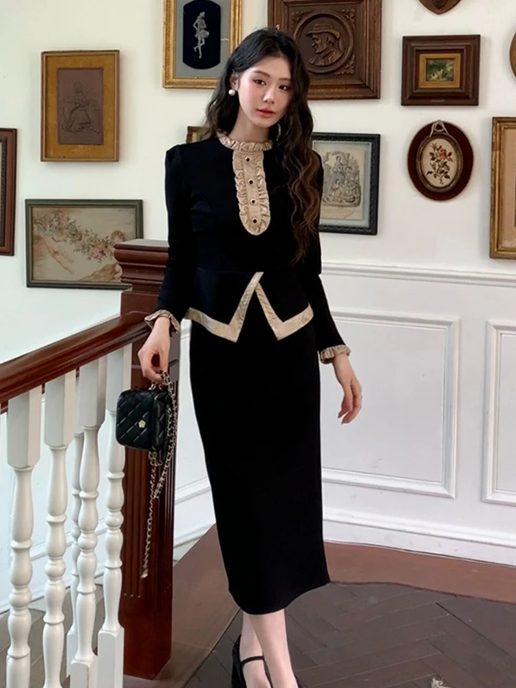 Roupas femininas preto vintage outfits elegante plissado o-pescoço topos camisa blusa e cintura alta midi saia mujer 2 peças conjunto formal