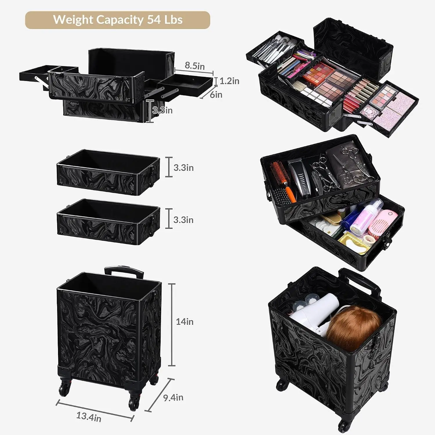 Rolling Makeup Train Case on Wheels 4in1 Cosmetology Profesional Travel Cosmetic Bag Lockable Organizer Box for Hairstylist Arti