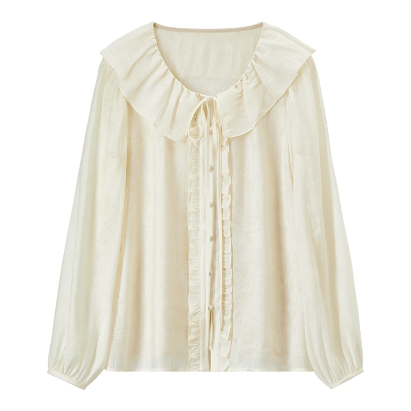 SENTUBILA 여성용 러플 프린트 셔츠 2025 가을 신상 타이 디테일 라운드 넥 블라우스 솔리드 출퇴근 퍼프 슬리브 의류 151C57894