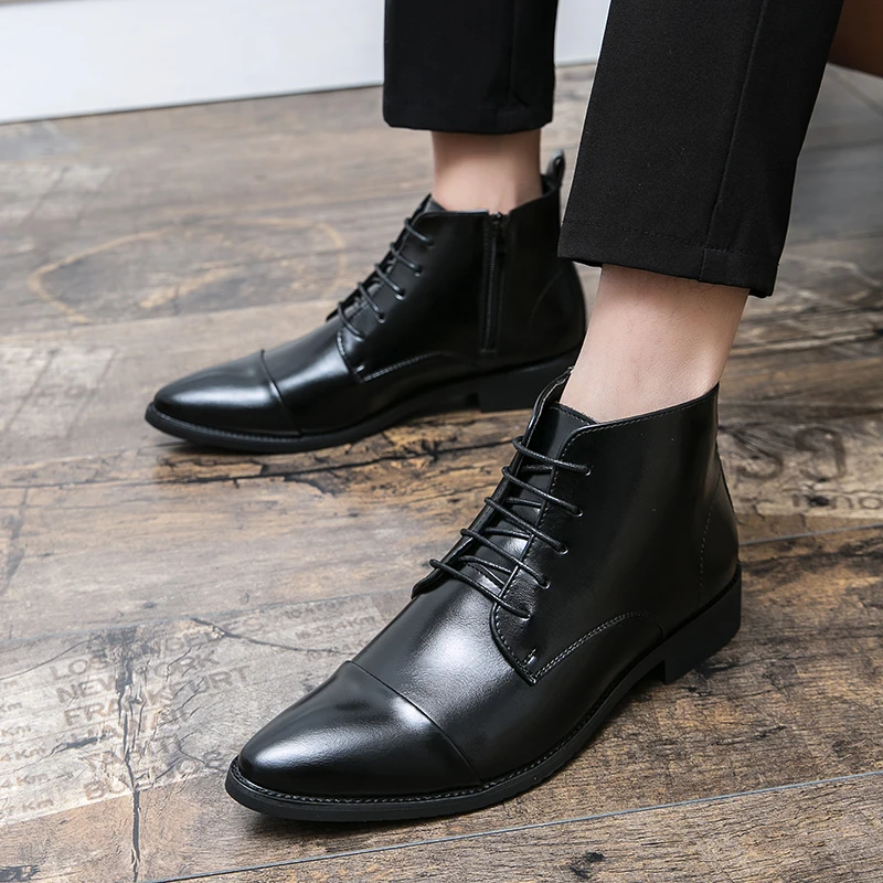 2024 New Fashion Pointed Toe Men\'s Black Dress Leather Boots Italian Men Chelsea Boots Fashion Men\'s Business Formal Ankle Boots