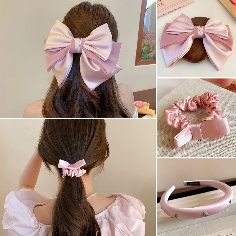 3 Pcs Oversized Bowknot Hair Clips Headband Hair Rope Set for Women  Pink Solid Color Sponge Headbands Hair Accessories Sets