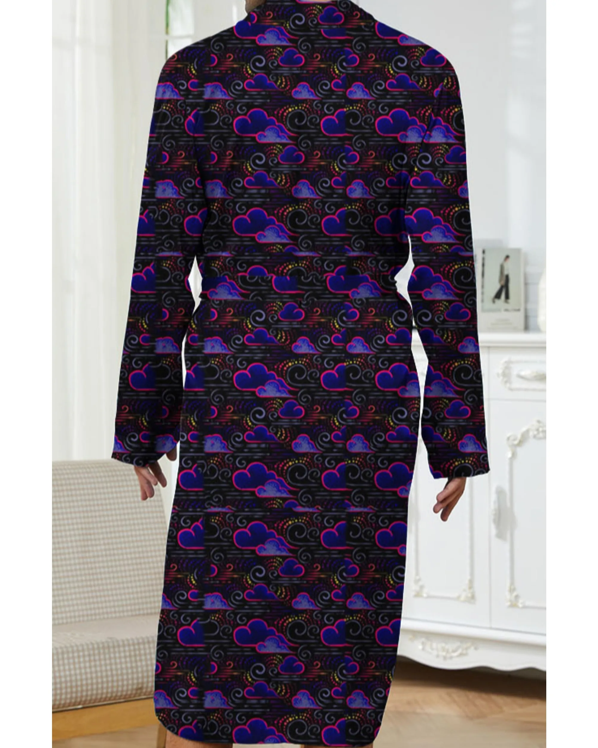 Spring and Autumn 3D digital printed cloud pattern men's bathrobe, quick drying men's home casual Long Nightgown