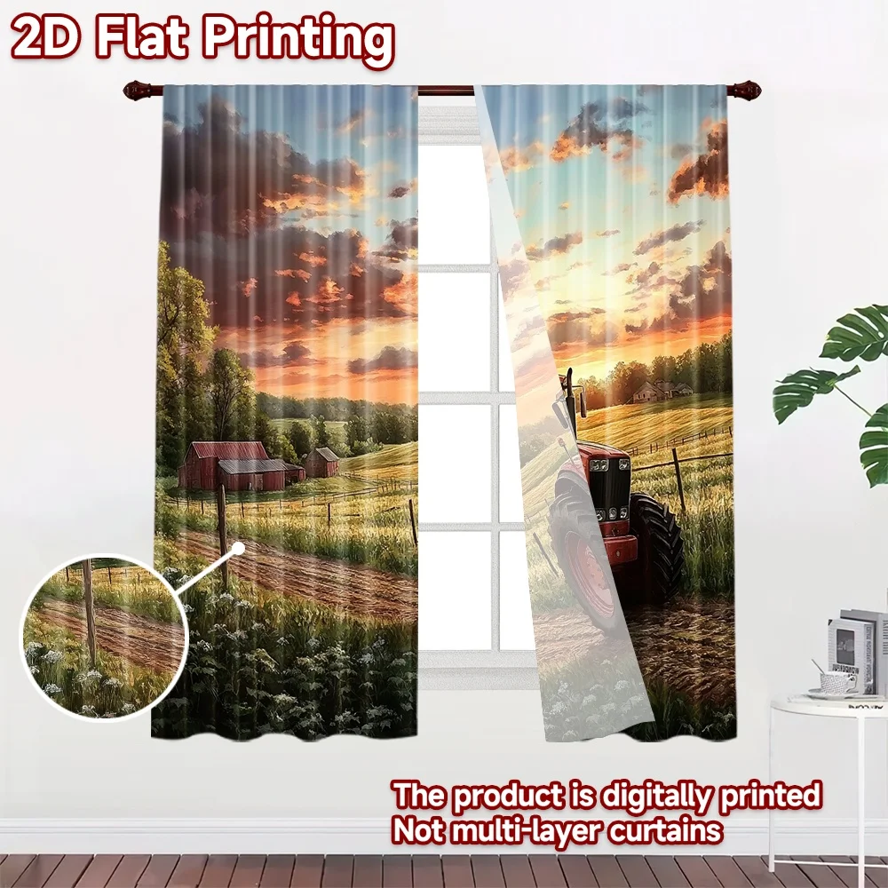 2D flat 2pcs Curtain Vintage drapes and curtains Sunset Farm Tractor Durable polyester fiber Festive Wall Decor Use for Room
