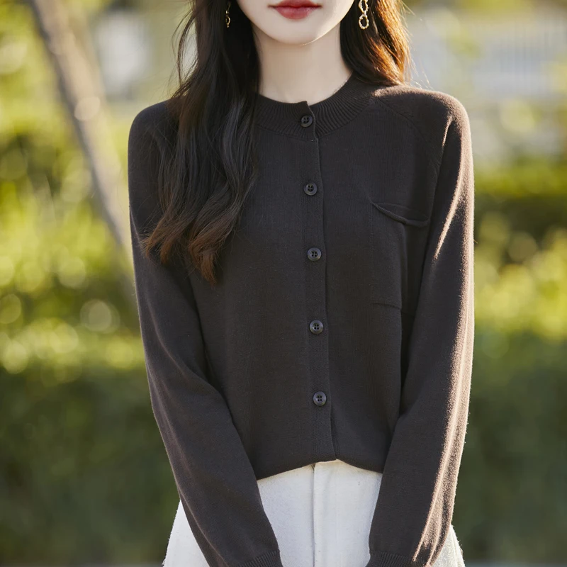 

100% cotton knitted cardigan women's short coat long-sleeved sweater pocket outer top new style