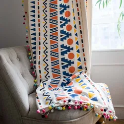 Geometric Semi-Blackout Windows Curtains Bohemian Cotton Linen Curtain with Pom Pom Trims for Dining Living Rooms Bedroom TJ3665