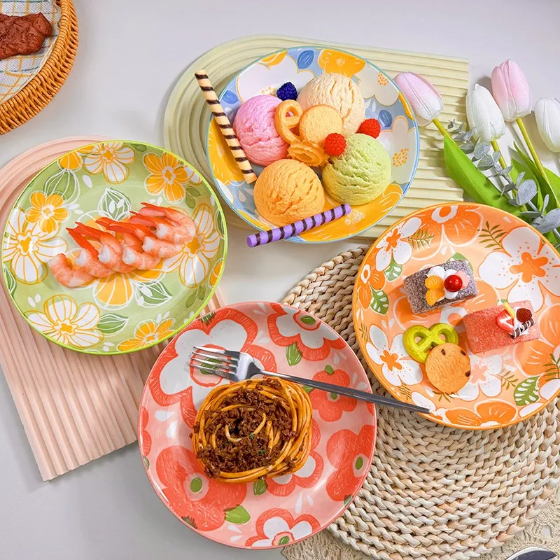 Nordic Style Plate Flower Set 4P Family Cutlery Pasta & Steak Plate - A+B+C+D, 4P Plate Set