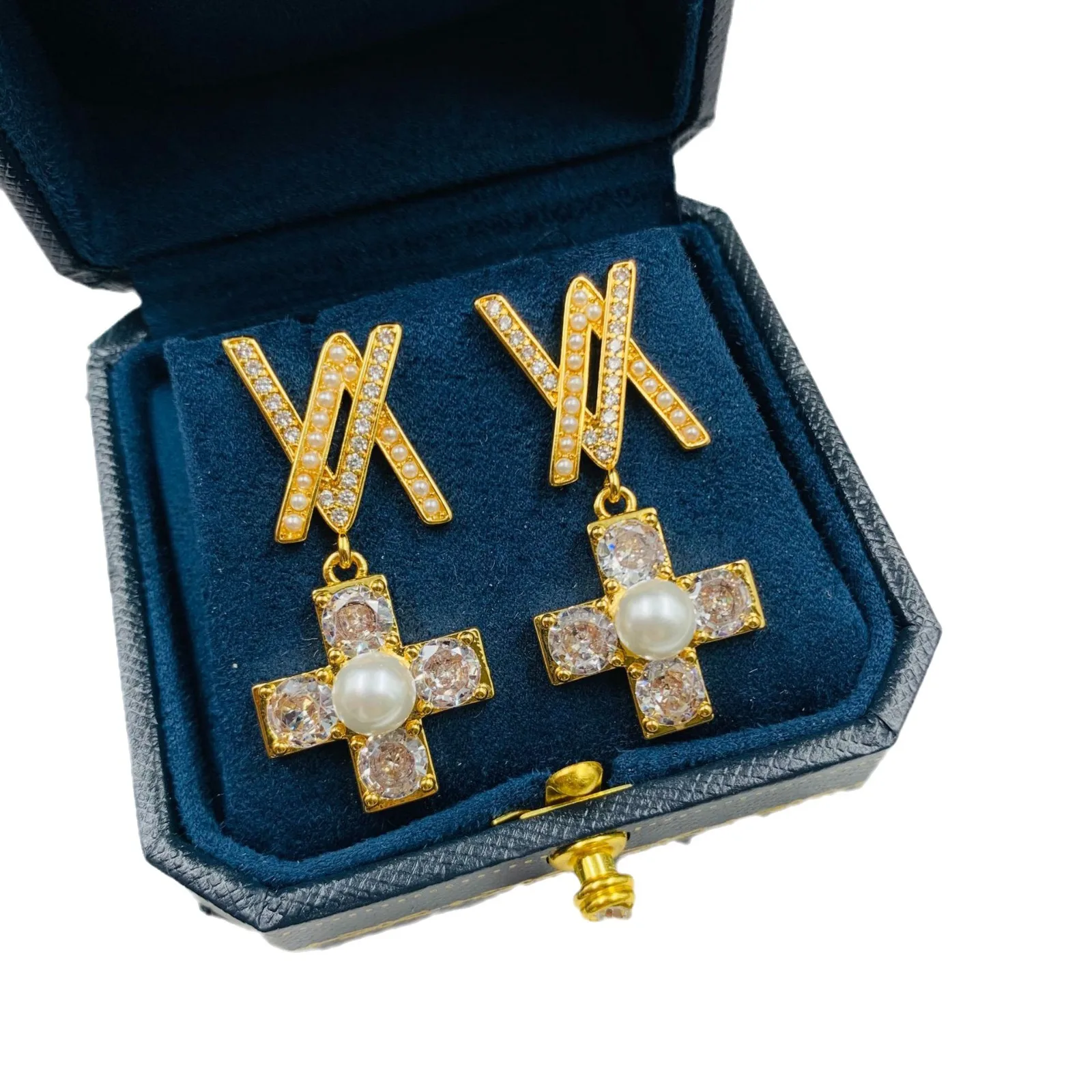 Medium-long cross-inlaid zircon earrings