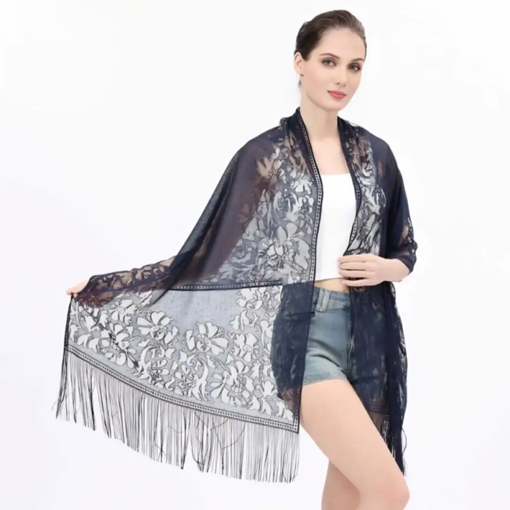 Lace Floral Hollow Out Shawl, Tassel Breathable Scarf for Muslim Women Bride Tudung Headscarf Accessories
