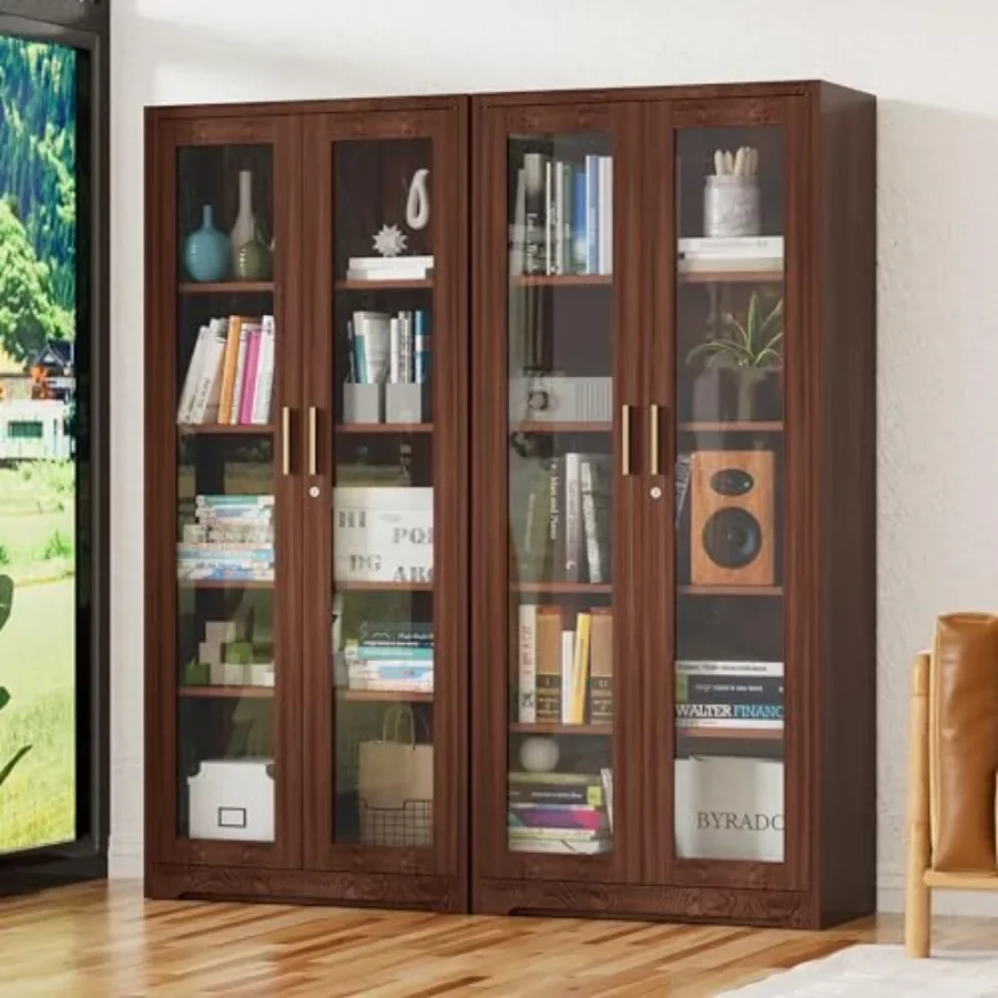 Display Cabinet with Glass Doors for Living Room, Wood Finish, Black, Adjustable Shelves and Locking Mechanism