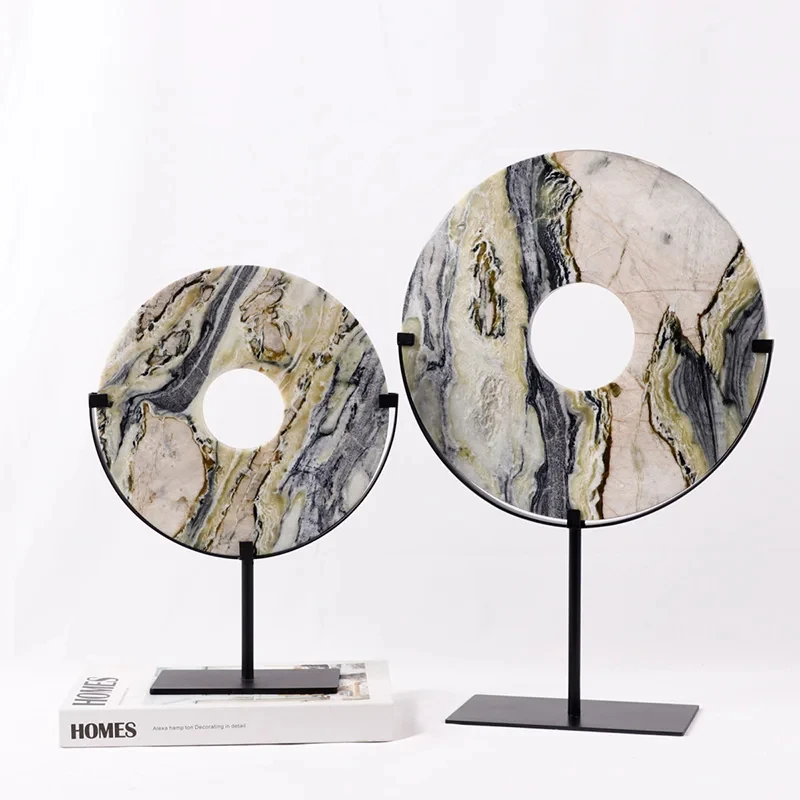 

Simple circular marble desktop ornaments, light luxury black metal crafts, handmade semi-ring shaped marble sculptures YX489DG