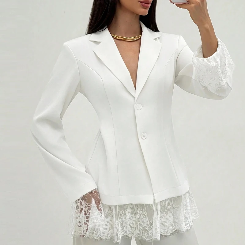 Elegant Formal Office Outerwears Women Solid Blazer Suit Jacket Lapel Collar Long Sleeve Lace Hem Single Breasted Slim Top Coats