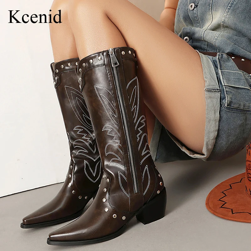 

Kcenid Women's Western Cowboy Boots Vintage Embroidery Thick Heel Long Knight Botas With Rivets And Zipper For Autumn Winter