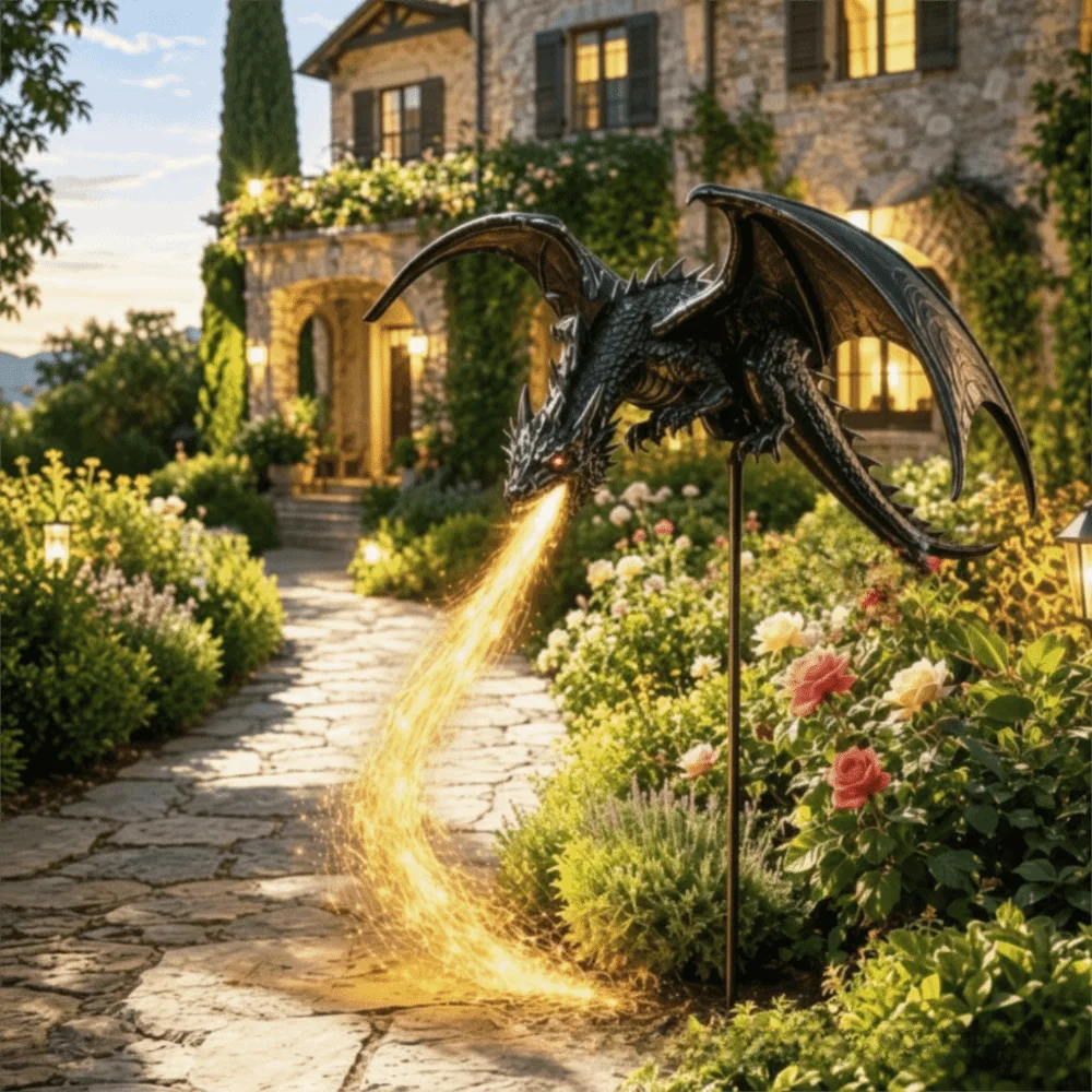 Solar Powered Solar Garden Light Resin Artwork Waterproof Solar Fire Garden Lamp Resin Craft Dragon Fire Design Landscape Lamp