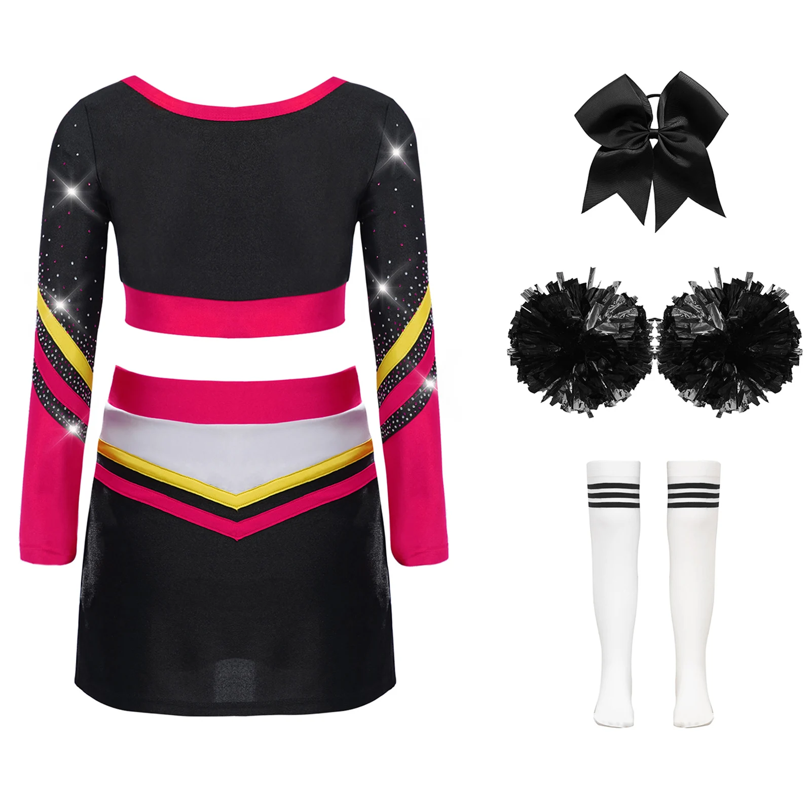 Kids Girls Cheerleading Costume Long Sleeve Rhinestones Crop Top with Skirt with HeadwearSocks Flower Balls Suit for Performance