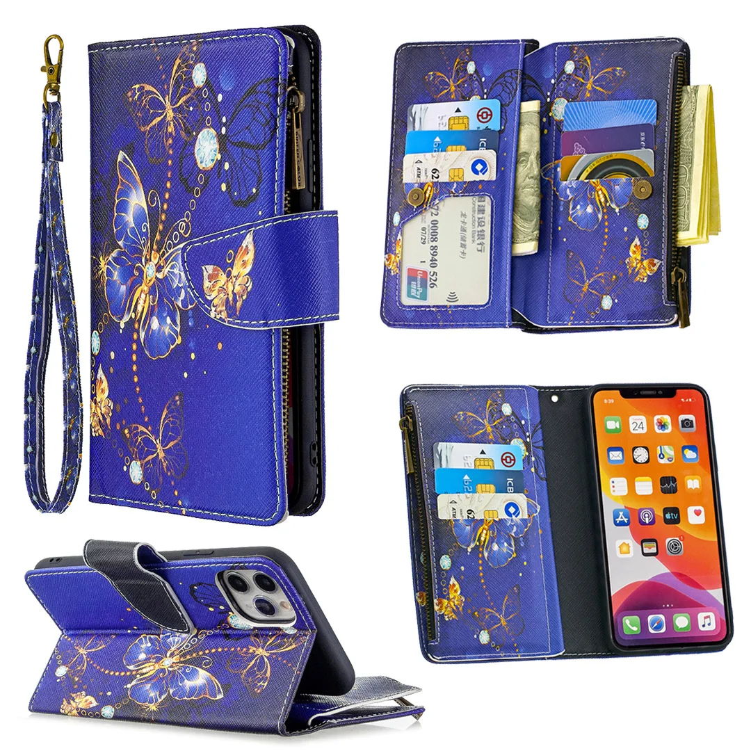 

Zipper Wallet Case For iPhone 16 Pro Max 15 Plus 14 13 12 Mini 11 XR XS 7 8 Multi 9 Cards 3D Painting Leather Lanyard Flip Cover
